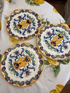 Set A Three Majolica  Hand-Painted Dinner Plates 10.5 Inches Round, Yellow Blue